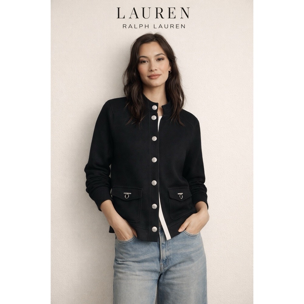 Lauren Ralph Lauren Black Cardigan Jacket Silver Buttons Cotton Size M EUC